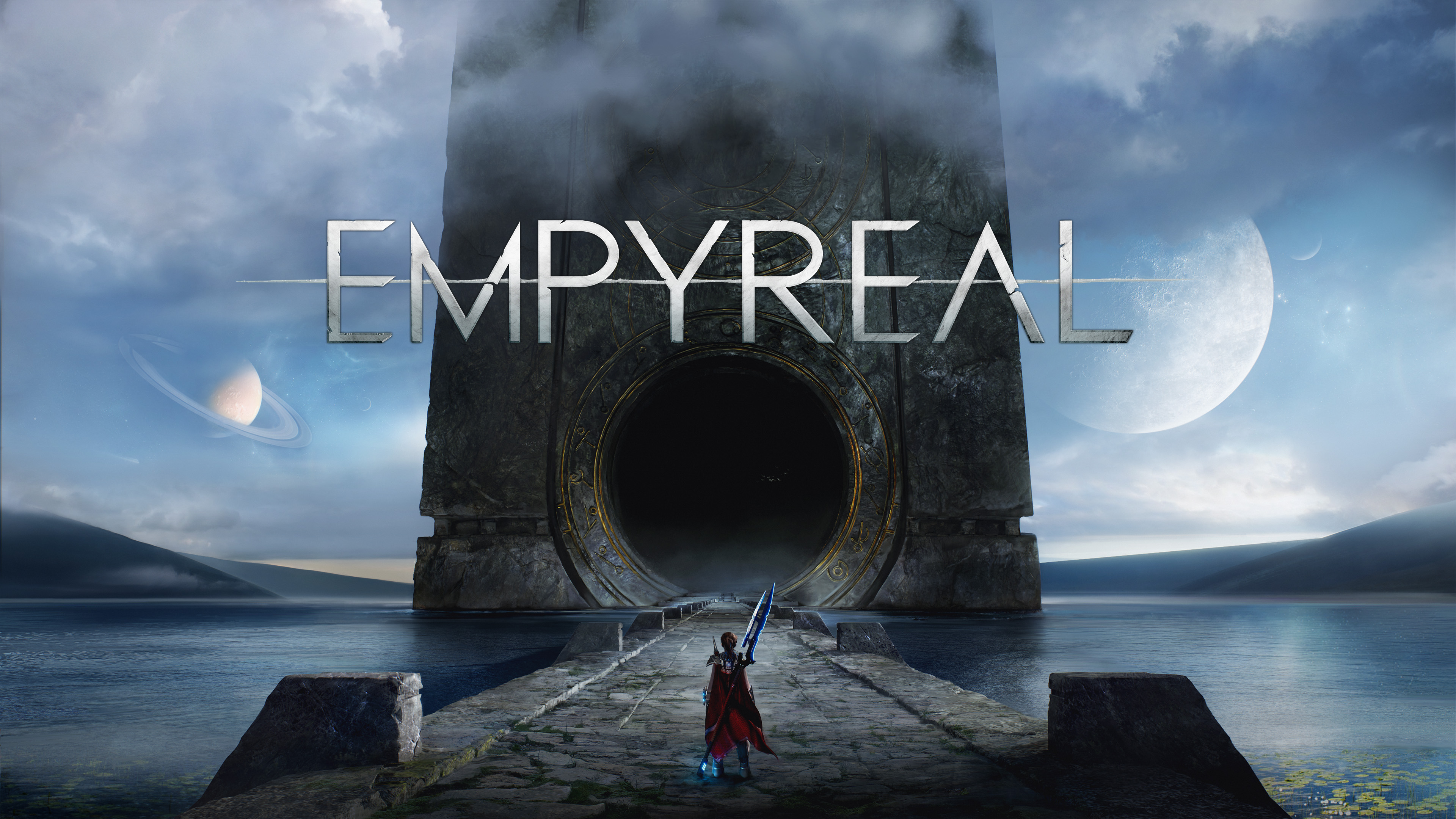 Key art for Empyreal, featuring a mercenary approaching a monolith. 